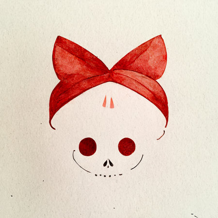 Hand drawn watercolor illustration of a cute skull with red bow.の素材