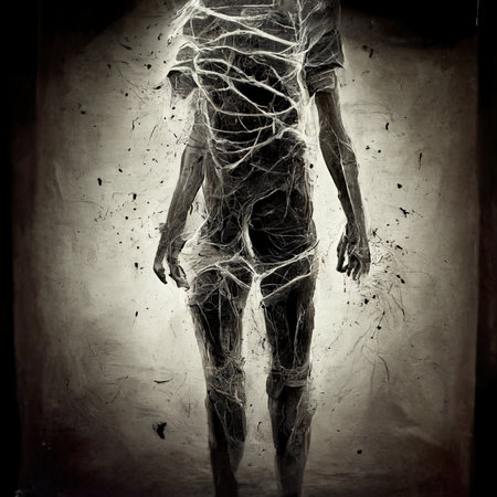 3d rendering of a man with spider web on his body.の素材