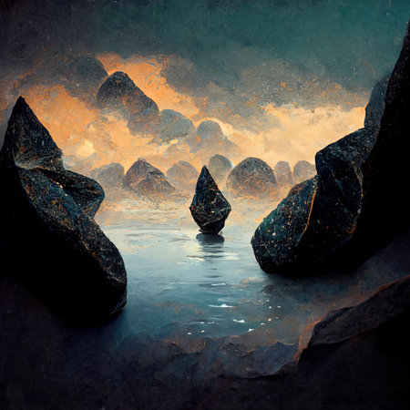 Fantasy seascape with rocks in water. 3d illustrationの素材
