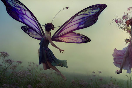 Fantasy image of a flying fairy with wings in the grass.の素材