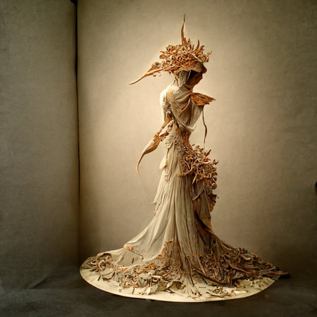 Model of a woman in a white dress with a wreath on her headの素材