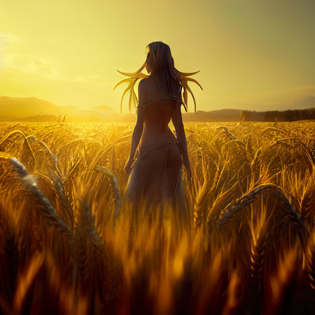 Beautiful woman in a wheat field at sunset. beauty, fashion.の素材