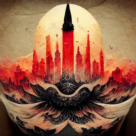 tattoo art. Silhouette of the city on old paperの素材