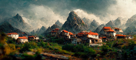 Mountain village in the clouds. Panorama of a mountain villageの素材
