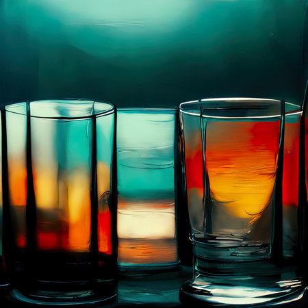 Colorful glasses of water on a dark background. Toned.の素材