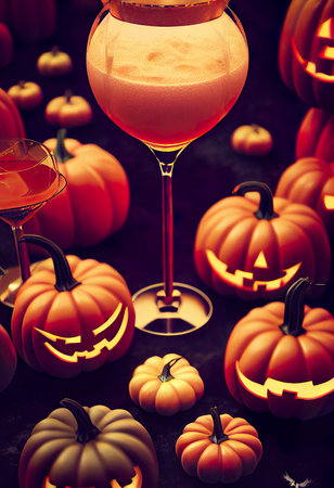 Halloween cocktail with pumpkins on dark background. 3D illustration.の素材