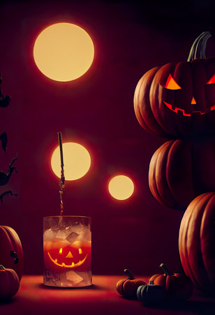 Halloween background with pumpkins, jack-o-lanterns and cocktailsの素材