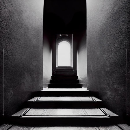 Staircase in a dark room with light coming from the open doorの素材