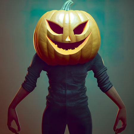 Halloween pumpkin with scary face on dark background. Halloween concept.の素材