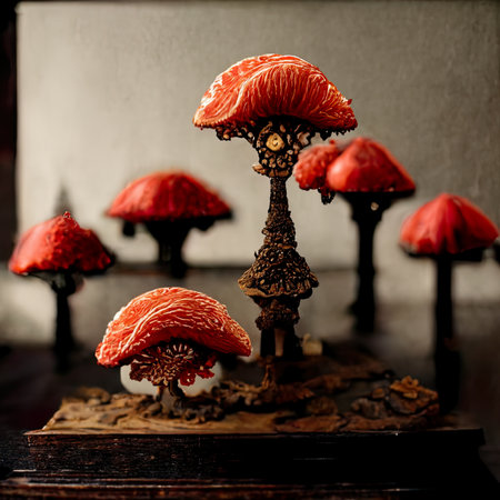 Beautiful red mushrooms in a metal candlestick on a dark background.の素材