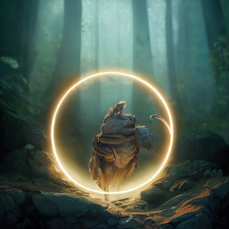 Fantasy dragon in the forest with round frame. 3d renderingの素材