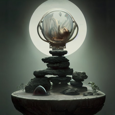 Magic crystal ball on a dark background with stones and plants. 3d renderingの素材