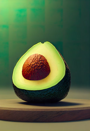 Avocado on a wooden board with a green background. 3d renderingの素材