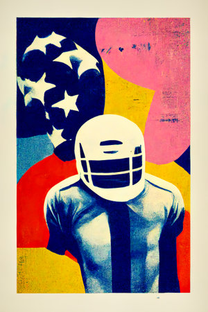 American football player with american flag on abstract background. retro stylesの素材