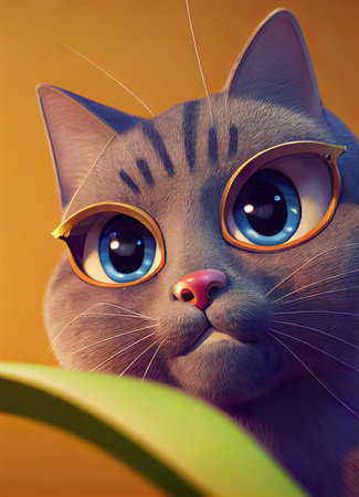 Portrait of a cat with big eyes on a yellow background.の素材