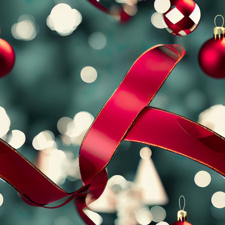 Red ribbon with christmas baubles over bokeh backgroundの素材