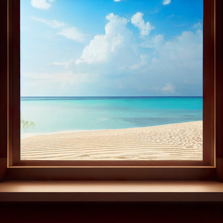 Beautiful view from the window on the sandy beach and blue seaの素材