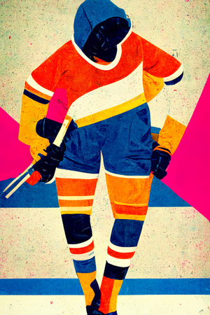 Colorful abstract background with a silhouette of a hockey player. retro styles.の素材