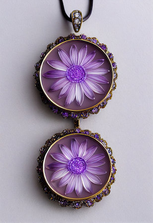 Earrings with purple flowers on a white background, close upの素材
