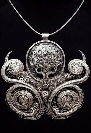 Silver necklace on a black background. Jewelry in the form of a skull.の素材