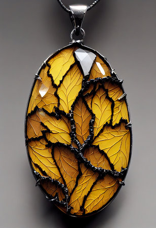 Beautiful glass pendant in the form of leaves on a gray backgroundの素材