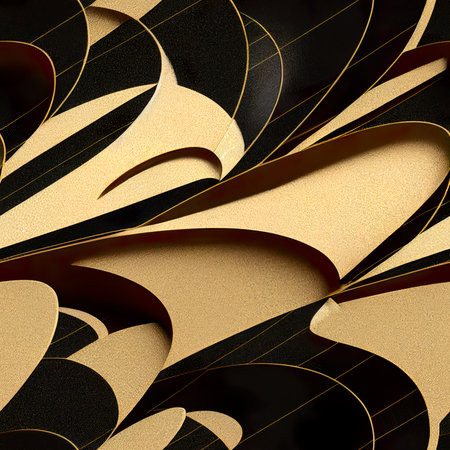 3d illustration of abstract geometric background with gold and black elements.の素材
