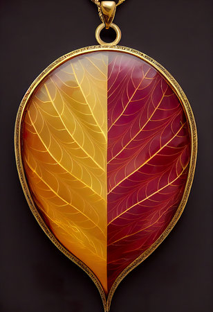 golden pendant in the form of a leaf on a black backgroundの素材
