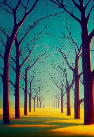 Trees in the forest at sunset. 3D rendering illustration.の素材