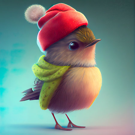 Christmas bird in red hat and scarf on blue background. 3d illustrationの素材