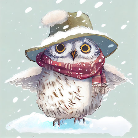 Owl in hat and scarf on snow background. watercolor illustration.の素材