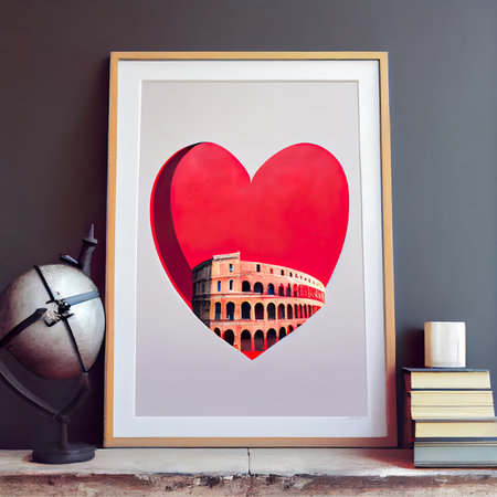 Colosseum with red heart on white poster in vintage roomの素材