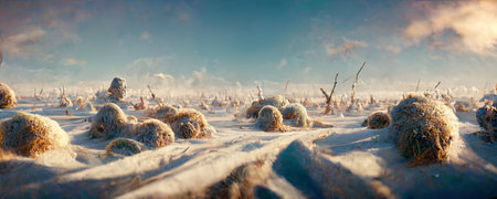 Frozen grass covered with hoarfrost. Beautiful winter landscape.の素材