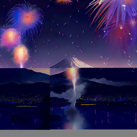 3D illustration of a beautiful night view of the volcano and fireworksの素材