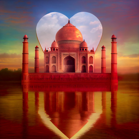 Taj Mahal in heart shape with reflection on water, Indiaの素材