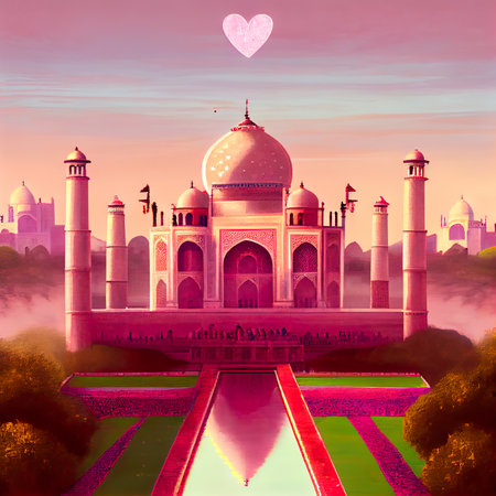 Taj Mahal in India with heart shape. digital painting.の素材