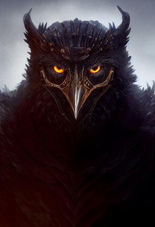 Portrait of a black owl in a mask on a dark backgroundの素材