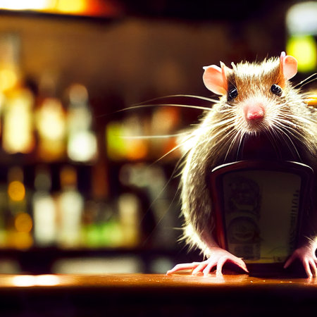 Cute rat sitting on the bar counter in a pub. selective focus.の素材