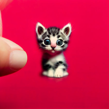 Funny little kitten looking out of the hole in a red backgroundの素材