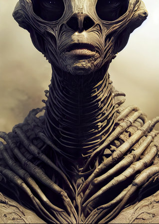 3D Illustration of a Fantasy Alien in a Dark Background.の素材