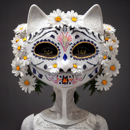 Cat mask with daisies on a gray background, close-upの素材