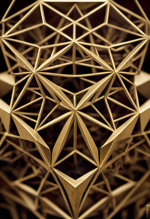 Abstract background of golden polygonal lattice. 3D renderingの素材