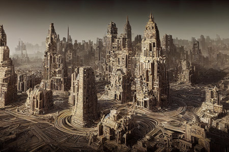 3D rendering of a fantasy city with a lot of buildings and roadsの素材