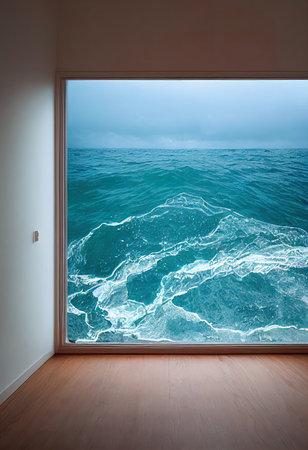 Empty room with sea view from the window, ready for your designの素材