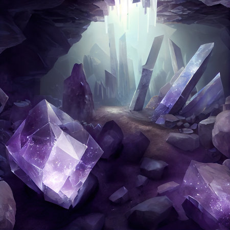 Fractal 3D illustration of a cave filled with crystal crystalsの素材