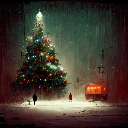 Christmas tree in the snow with people on the background of the trainの素材