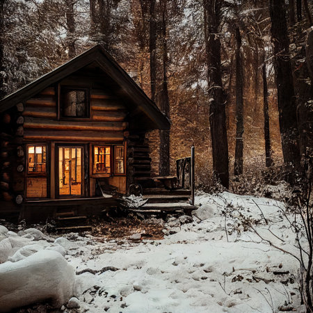 Wooden house in the forest. winter landscape. Toned.の素材