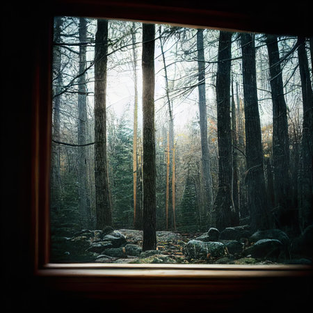 Wooden window in the foggy forest. Pine and spruce treesの素材