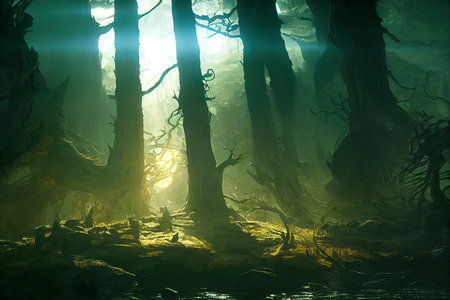 Fantasy dark forest with fog and light rays. 3d renderingの素材