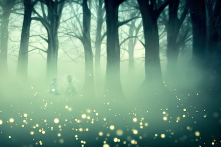 Little boy and girl walking in a mysterious forest with golden bokehの素材