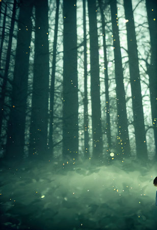 Mystical dark forest with fog and golden lights. Halloween backgroundの素材